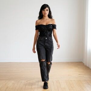 Zara High Rise Distressed Dark Charcoal Jeans Womens 8 Relaxed Dark Boho